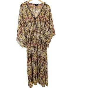 Curations Long Dress 1X Semi Sheer Cover Up Kimono Kaftan Ruffles Flowy Colorful